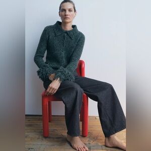 Zara Green Teddy Fringed Jacket, Size S